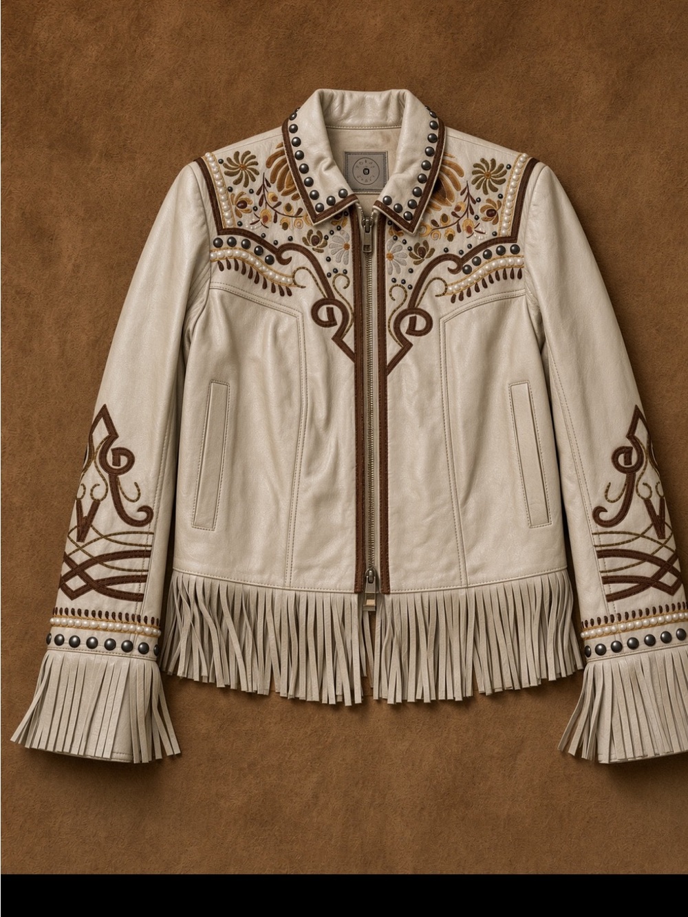 Double D Ranch Leather zip up Fringe Jacket with Brown Embroidery RTL $995 S